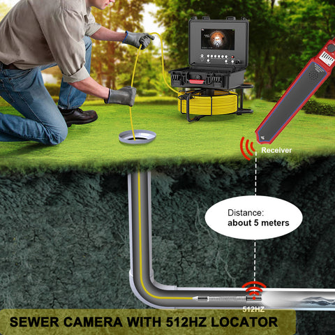 Sewer Camera with 512Hz Locator, Pipeline Inspection Camera with 7inch Monitor and 98ft/30m Cable, IP68 Waterproof DVR Recording with 32GB SD Card for Sewer Line, Home, Duct Drain Plumbing