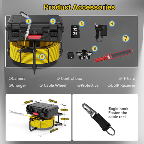 Sewer Camera with 512Hz Locator, Pipeline Inspection Camera with 7inch Monitor and 98ft/30m Cable, IP68 Waterproof DVR Recording with 32GB SD Card for Sewer Line, Home, Duct Drain Plumbing