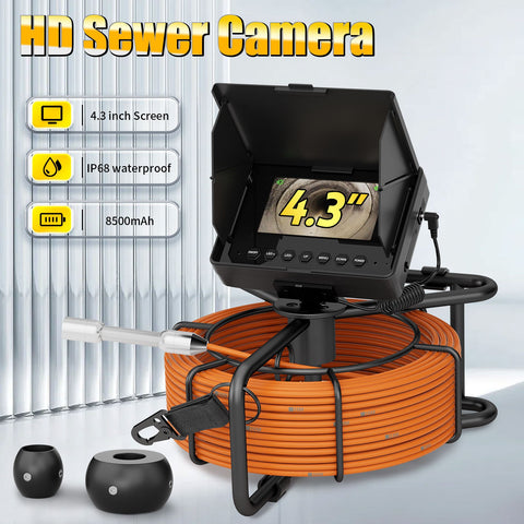 Sewer Pipe Inspection Video Camera, 17mm IP68 Drain Sewer Pipeline Industrial Endoscope 4.3" Monitor