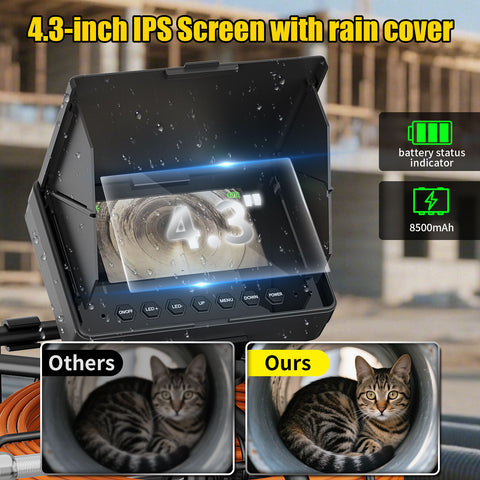 Sewer Pipe Inspection Video Camera, 17mm IP68 Drain Sewer Pipeline Industrial Endoscope 4.3" Monitor