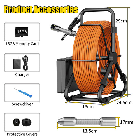 Sewer Pipe Inspection Video Camera, 17mm IP68 Drain Sewer Pipeline Industrial Endoscope 4.3" Monitor