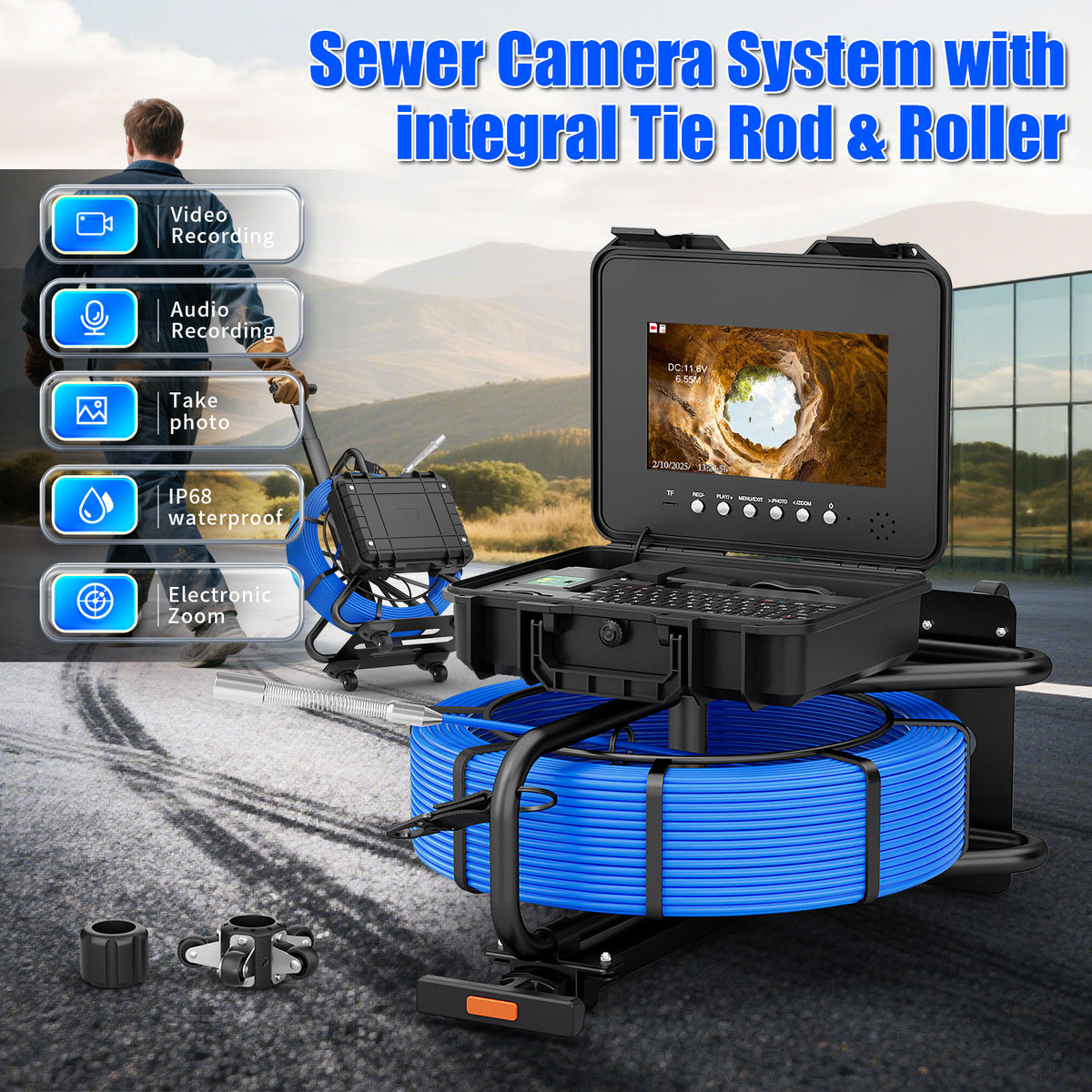 Pipe Inspection Camera with Keyboard Trolley Pull Rod 7MM Diameter IP68 Drain Sewer Pipeline Video Industrial Endoscope 512HZ Self-leveling Meter Counter 10" DVR 30M/50M/100M