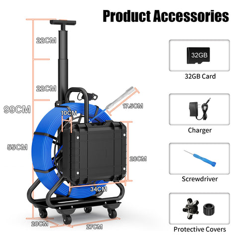 Pipe Inspection Camera with Keyboard Trolley Pull Rod 7MM Diameter IP68 Drain Sewer Pipeline Video Industrial Endoscope 512HZ Self-leveling Meter Counter 10" DVR 30M/50M/100M