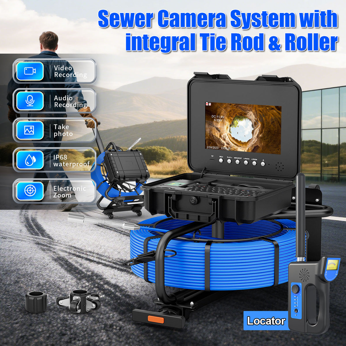 10.1 inch Sewer Pipe Inspection Camera with Locator Meter Counter DVR  7mm Cable Auto Self-Leveling 512hz  AHD 1080P  Video Borescope with Keyboard Trolley Pull Rod