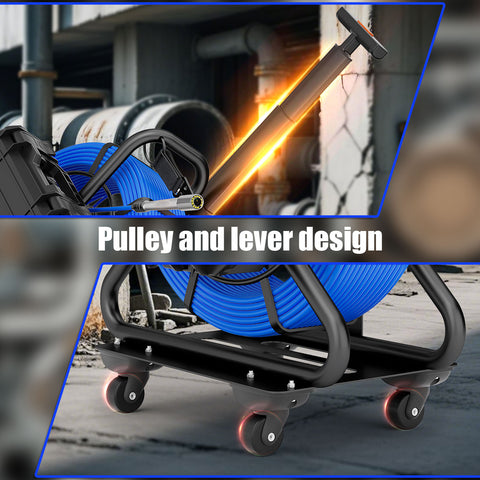 Pipe Inspection Camera with Trolley Pull Rod 7mm Diameter IP68 Drain Sewer Pipeline Video Industrial Endoscope 512HZ Self-leveling Meter Counter 9" DVR 60M