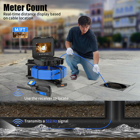 Pipe Inspection Camera with Trolley Pull Rod 7mm Diameter IP68 Drain Sewer Pipeline Video Industrial Endoscope 512HZ Self-leveling Meter Counter 9" DVR 60M