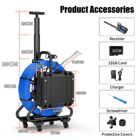Pipe Inspection Camera with Trolley Pull Rod 7mm Diameter IP68 Drain Sewer Pipeline Video Industrial Endoscope 512HZ Self-leveling Meter Counter 9" DVR 60M