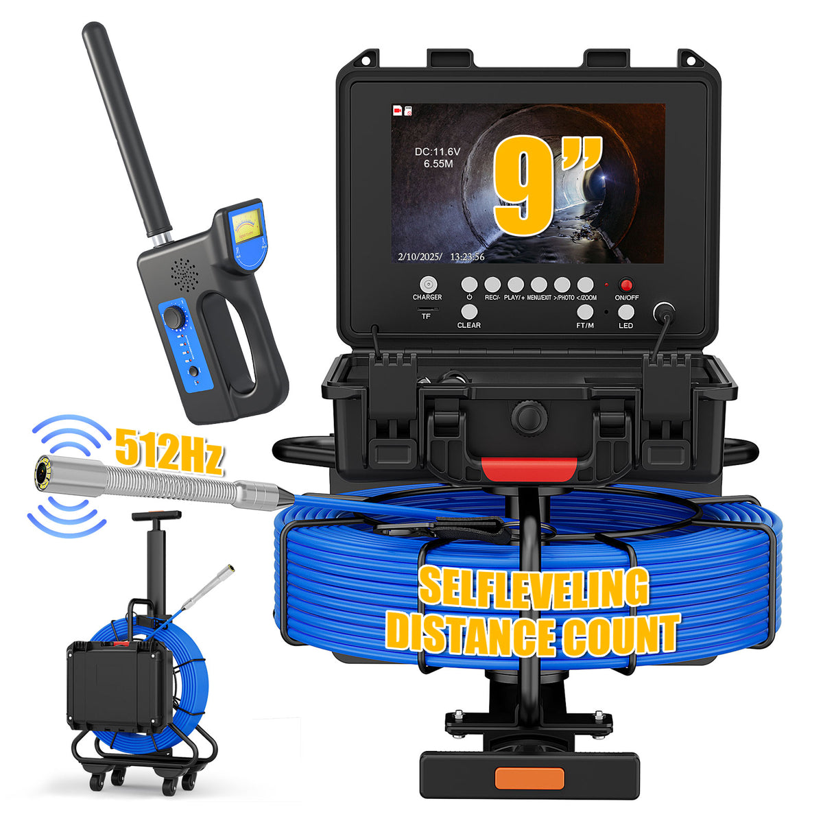 Portable Trolley Pull Rod Pipe Inspection Camera with Locator Meter Counter  7mm Diameter IP68 Drain Sewer Pipeline Video Industrial Endoscope 512HZ Self-leveling 9" DVR 30M