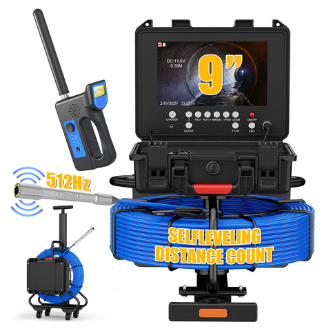 Portable Trolley Pull Rod Pipe Inspection Camera with Locator Meter Counter  7mm Diameter IP68 Drain Sewer Pipeline Video Industrial Endoscope 512HZ Self-leveling 9" DVR 30M