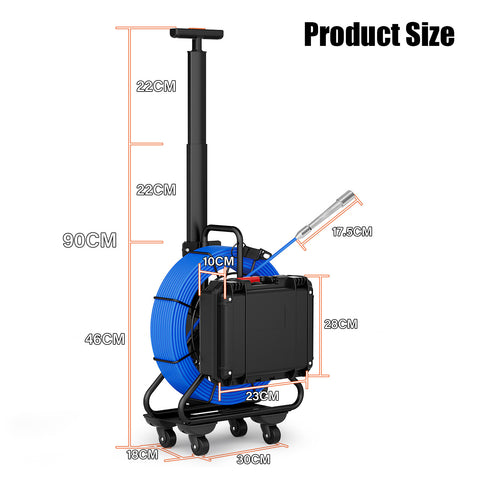 Portable Trolley Pull Rod Pipe Inspection Camera with Locator Meter Counter  7mm Diameter IP68 Drain Sewer Pipeline Video Industrial Endoscope 512HZ Self-leveling 9" DVR 30M