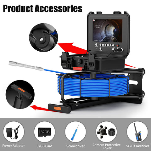 Portable Trolley Pull Rod Pipe Inspection Camera with Locator Meter Counter  7mm Diameter IP68 Drain Sewer Pipeline Video Industrial Endoscope 512HZ Self-leveling 9" DVR 30M
