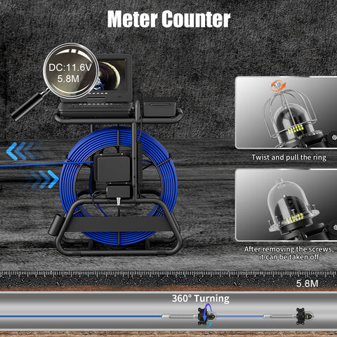Sewer Pipe Inspection Camera 360 Rotating 10″inch IPS with 50m/80m/100m Cable Diameter ø7mm 512HZ Transmitter Locator Meter Counter Keyboard