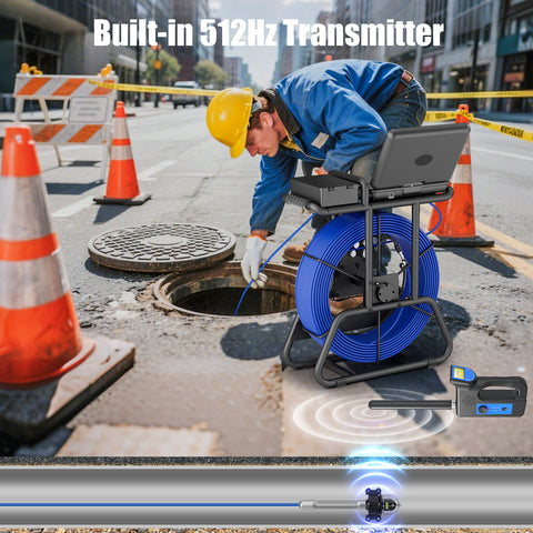 Sewer Pipe Inspection Camera 360 Rotating 10″inch IPS with 50m/80m/100m Cable Diameter ø7mm 512HZ Transmitter Locator Meter Counter Keyboard